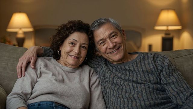 Senior couple cuddling on sofa smiling warmly in cozy living room with bedside lamps