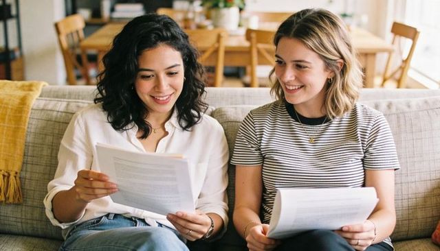 Friends reviewing documents on sofa at home, collaborating and smiling in cozy living room