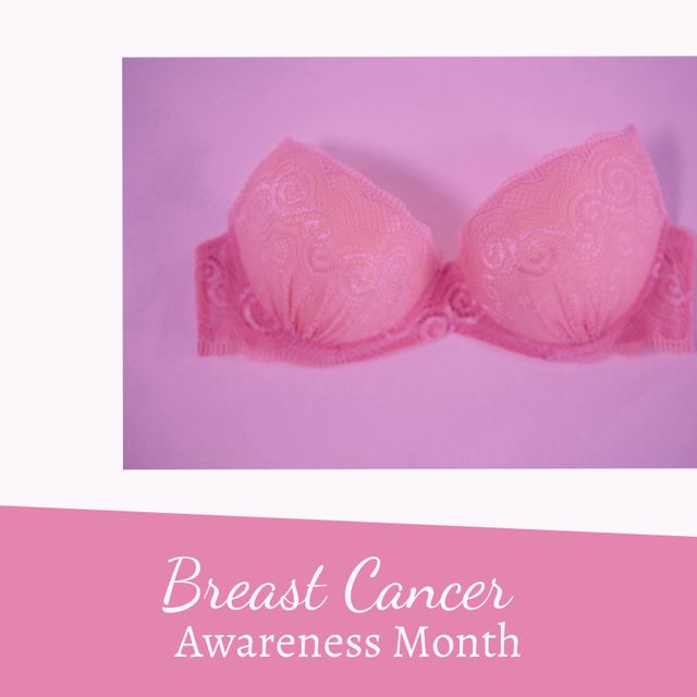 Composition of breast cancer awareness month over pink bra on purple background. Breast cancer awaresess month and celebration concept digitally generated image.