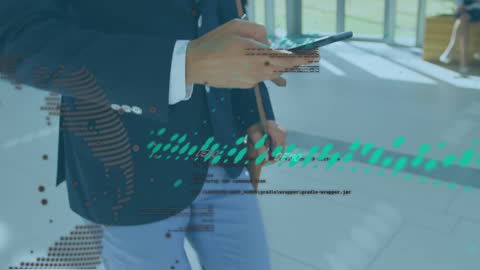 Business Executive Using Smartphone with Digital Data Overlay