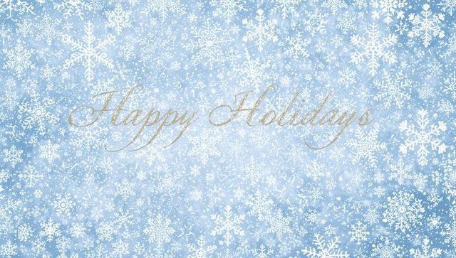 Gold cursive happy holidays greeting on blue snowflake winter background with glitter