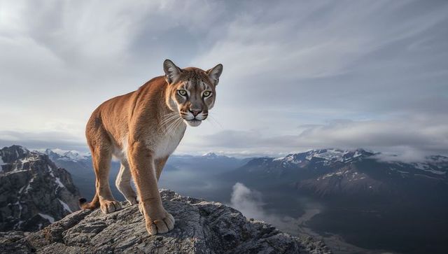 Mountain lion standing on rocky summit overlooking vast snow-capped alpine range