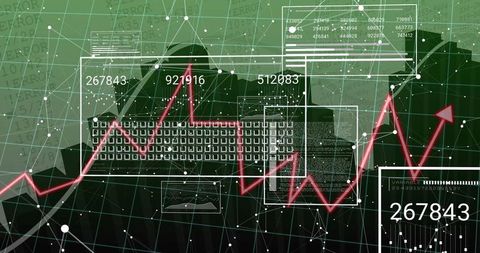 Two analysts typing at keyboard with hud data overlays, green dashboard and rising analytics graph