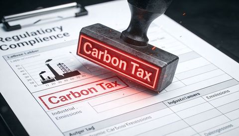 Red carbon tax stamp pressing regulatory compliance form with emissions chart and sparks