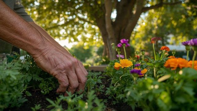 Senior gardening hand planting seedlings in raised flower bed during golden hour sunlight