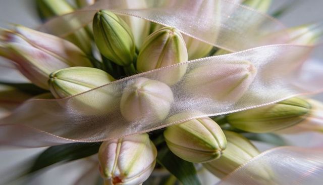 Pale pink lily buds wrapped in sheer organza ribbon, soft floral bouquet closeup, macro