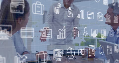 Digital Business Strategy Meeting with Financial Icons Overlay