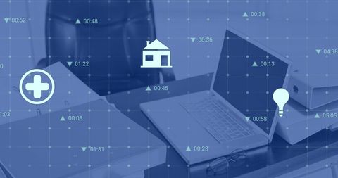 Digital Interface and Technology Icons on Office Desk