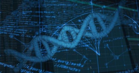 Glowing 3D DNA Helix Overlaying Holographic Data Grid with Code and Molecular Network