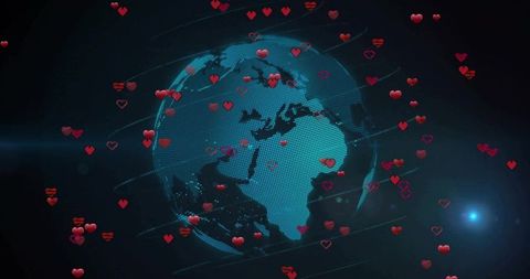 Digital globe in virtual space with floating hearts and connectivity