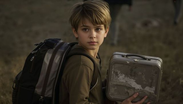 Young boy standing in dry field carrying metal lunchbox and wearing backpack at golden hour
