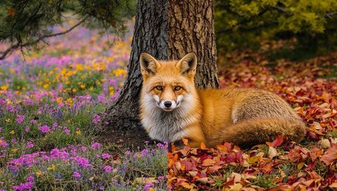 Red fox resting amidst colorful autumn leaves and wildflowers