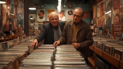 Senior men browsing vinyl records in cozy retro record store, flipping through bins