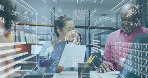Multigenerational Team Collaborating with Augmented Reality HUD Overlays in Office