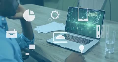 Man Analyzing Futuristic Digital Display with Interactive Icons