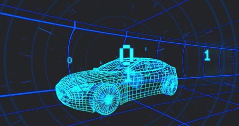 Rotating neon wireframe sports car in virtual tunnel with hud binary telemetry overlay 3d autonomous
