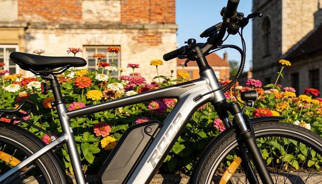 Silver electric bicycle leaning beside vibrant zinnias in sunlit town square courtyard