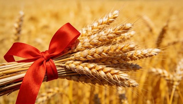 Golden wheat sheaf tied with red satin bow celebrating harvest and rustic agriculture
