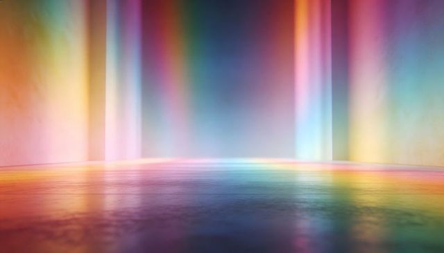 Glowing pastel gallery interior showing vertical light columns and reflective glossy floor