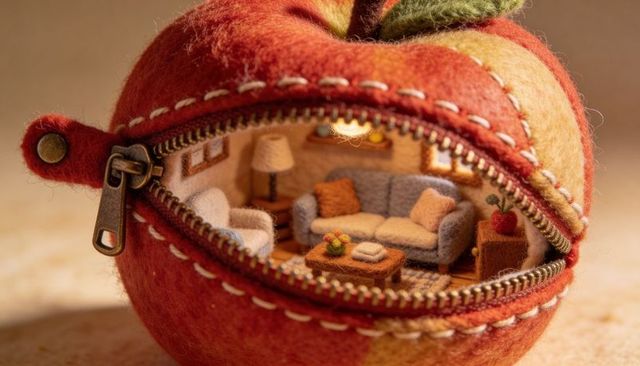 Revealing handcrafted miniature felt apple home with cozy wool living room and brass zipper