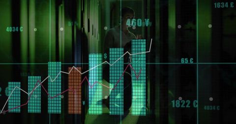 Businesswoman walking through narrow office corridor with digital finance charts overlay