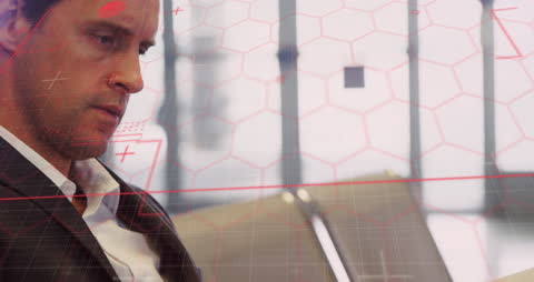 Businessman Engaged in Digital Data Analysis with Interface Overlay