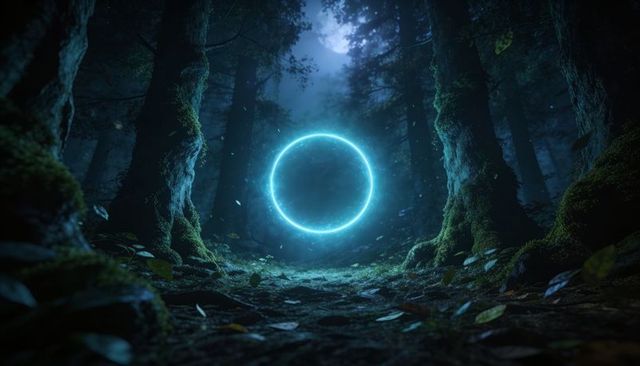Hovering luminous neon ring glowing over moonlit mossy forest with floating particles