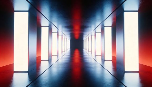 Futuristic Illuminated Corridor with Symmetrical Light Panels and Reflective Floor