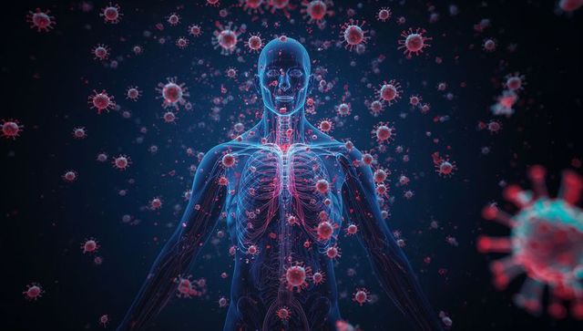 Anatomical diagram of human body with viral particles
