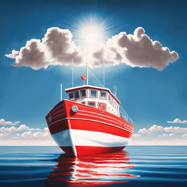 Image of red boat on sea over clouds and blue sky, created using generative ai technology - Download Free Stock Photos Pikwizard.com