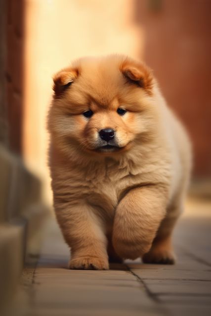 Adorable Chow Chow puppy walking on pavement showing off its fluffy fur and cute face. Perfect for pet-themed campaigns, advertisements targeted towards dog lovers, social media promotions, and websites dedicated to dog breeds and care.