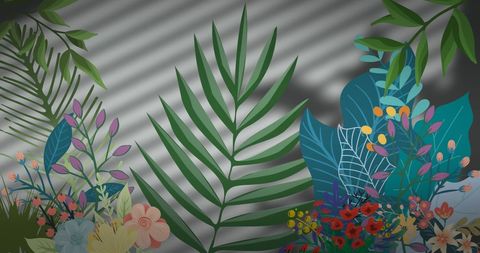 Vibrant Leaves and Flowers with Stripe Shadows