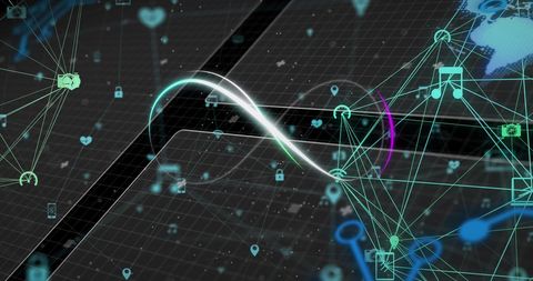 Infinity symbol with digital connections and data graphics