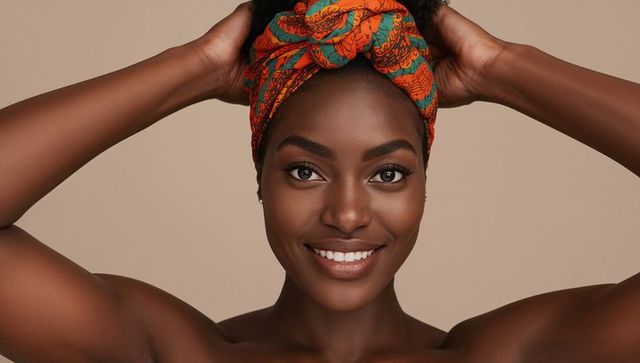 Smiling woman adjusting orange-green patterned headwrap closeup, bare shoulders, radiant