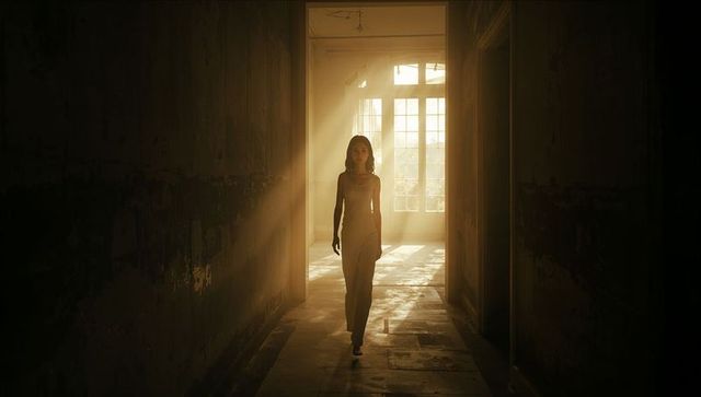Backlit woman walking down dim corridor with dramatic sunbeams and cinematic silhouette