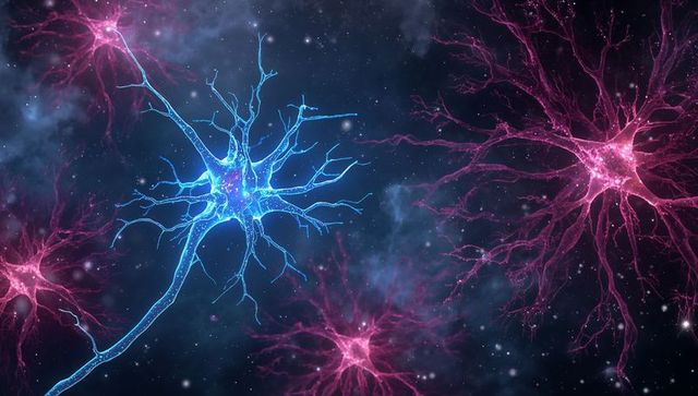 Glowing electric-blue neuron connecting with magenta neural network amid cosmic nebula