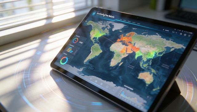 Tablet displaying world heatmap analytics dashboard on desk with blinds and visuals