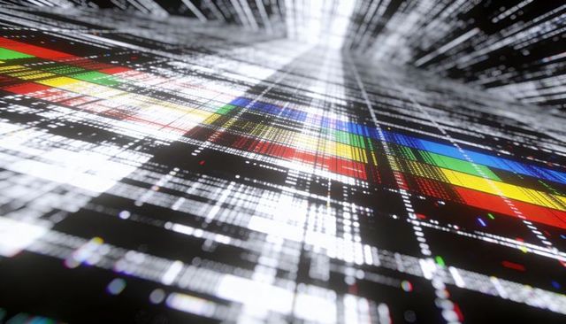 Glowing multicolor pixel ribbon running across reflective digital matrix