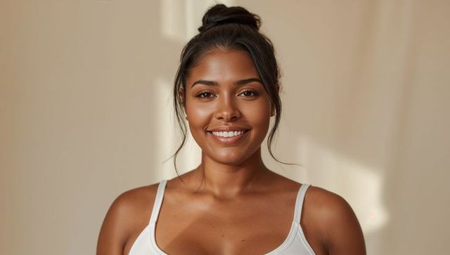 Smiling woman with sunlit skin wearing white tank top and bun, warm natural portrait