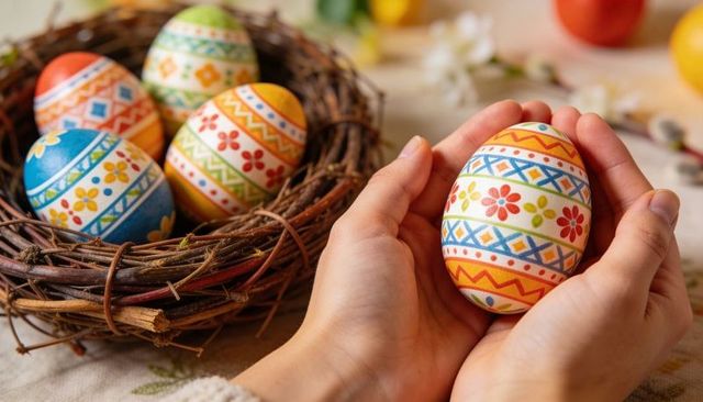 Hands holding painted Easter egg by woven nest with colorful floral geometric patterns