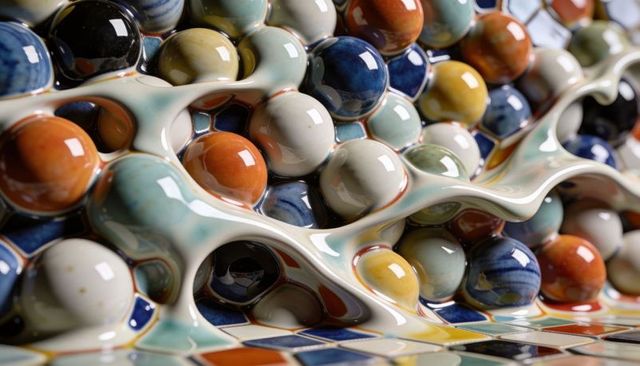 Glossy glazed ceramic orbs nestled in fluid honeycomb mosaic - colorful macro texture