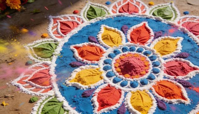 Celebrating diwali with colorful rangoli mandala on sunlit pavement