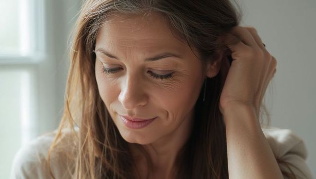 Serene woman touching hair near ear natural light intimate headshot closeup expression