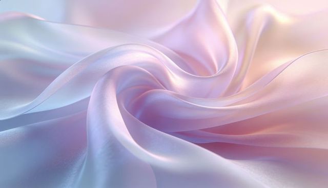 Swirling pearlescent satin fabric catching soft pastel light with iridescent silk spiral
