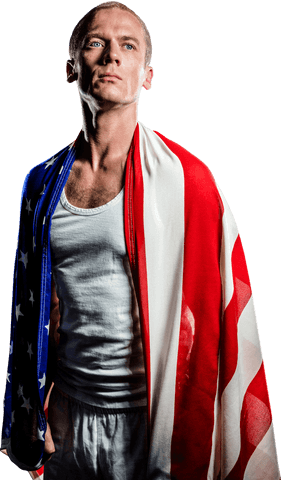Male athlete wrapped in american flag on transparent background