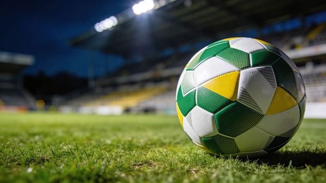 Soccer ball resting on illuminated grass pitch under stadium floodlights, night close-up