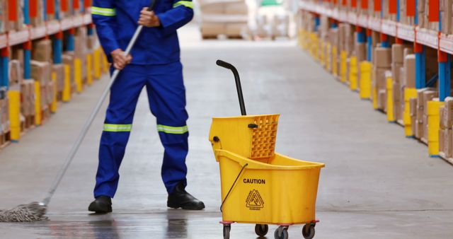 Worker Cleaning Warehouse with Yellow Caution Mop Bucket - Download Free Stock Images Pikwizard.com