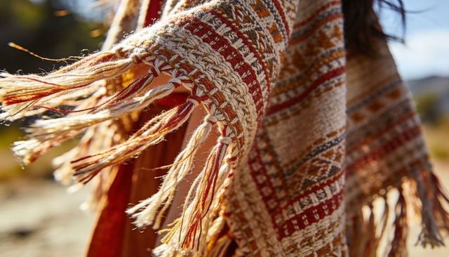 Woven shawl with braided tassels swaying in golden-hour light, geometric earth tones