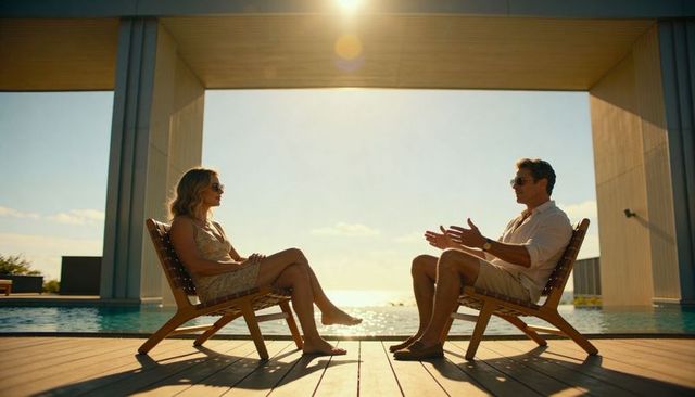 Couple relaxing and conversing by infinity pool at luxury coastal villa during golden hour