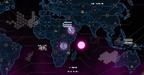 Neon cybersecurity world map with pulsing magenta hotspots and futuristic hud analytics
